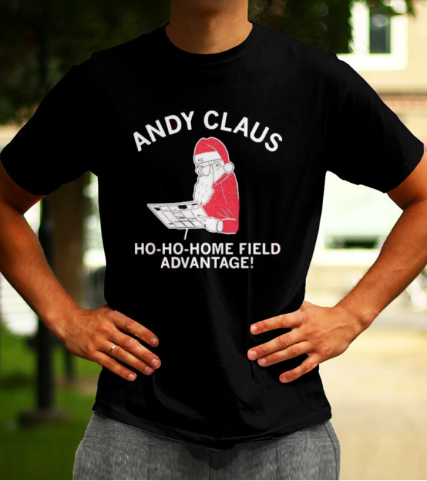 Andy Claus Santa In KC Hat With Playbook Ho Ho Home Field Advantage T-Shirt