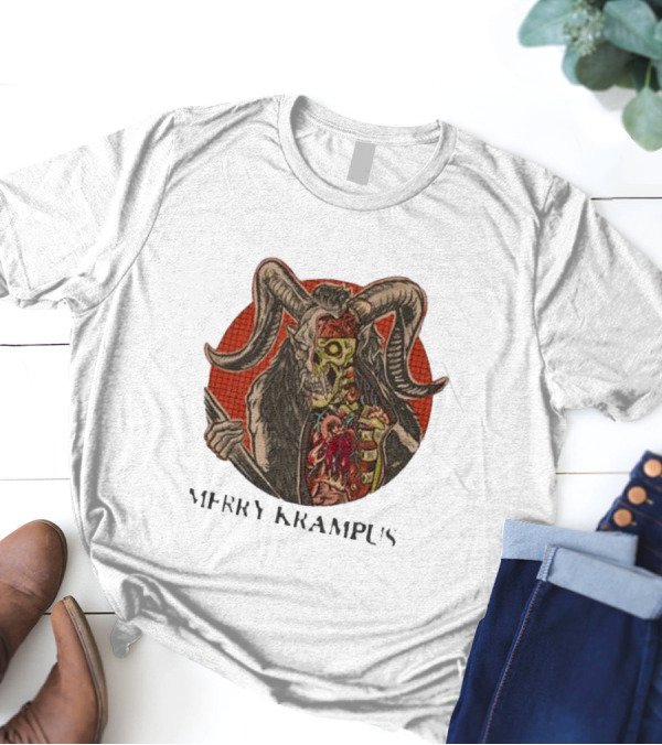 Merry Krampus Split Skull Horned Demon Halloween T-Shirt