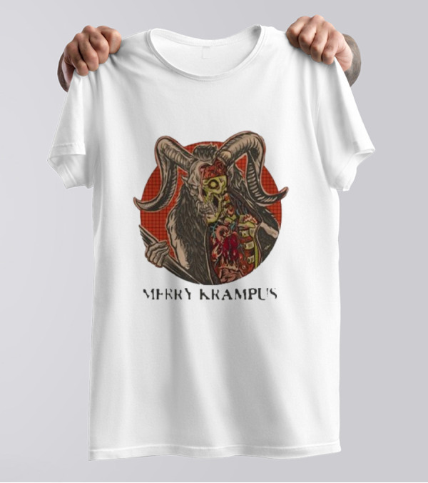 Merry Krampus Split Skull Horned Demon Halloween T-Shirt