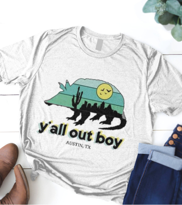 Y'All Out Boy Armadillo Sunset Skyline Cactus Austin Tx T-Shirt