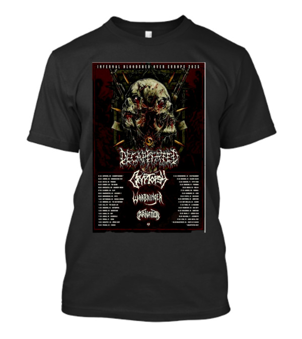 Decapitated Infernal Bloodshed Over Europe 2025 With Decapitated, Artillery, Warbringer, And Carnation T-Shirt