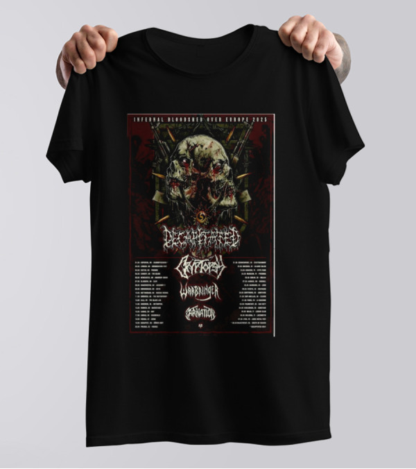 Decapitated Infernal Bloodshed Over Europe 2025 With Decapitated, Artillery, Warbringer, And Carnation T-Shirt