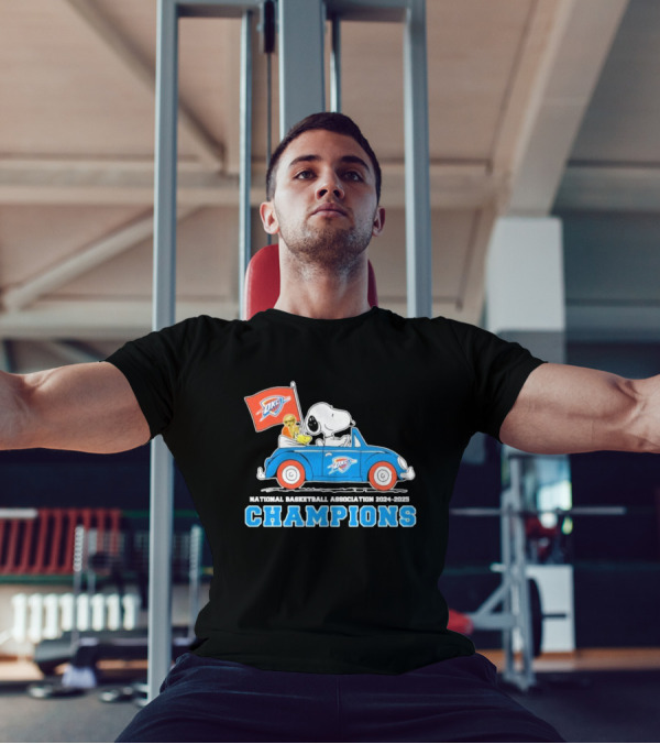 Snoopy Woodstock Peanuts Driving Car NBA Champions 2024 2025 OKC T-Shirt