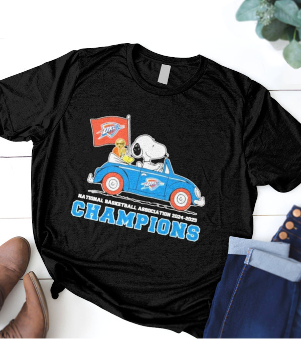 Snoopy Woodstock Peanuts Driving Car NBA Champions 2024 2025 OKC T-Shirt