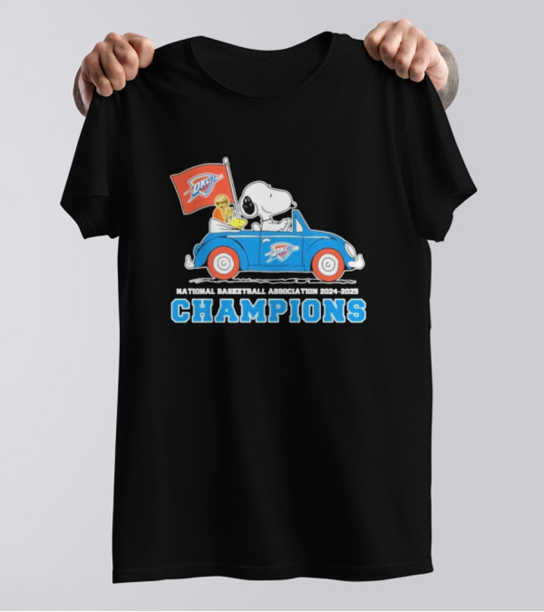 Snoopy Woodstock Peanuts Driving Car NBA Champions 2024 2025 OKC T-Shirt