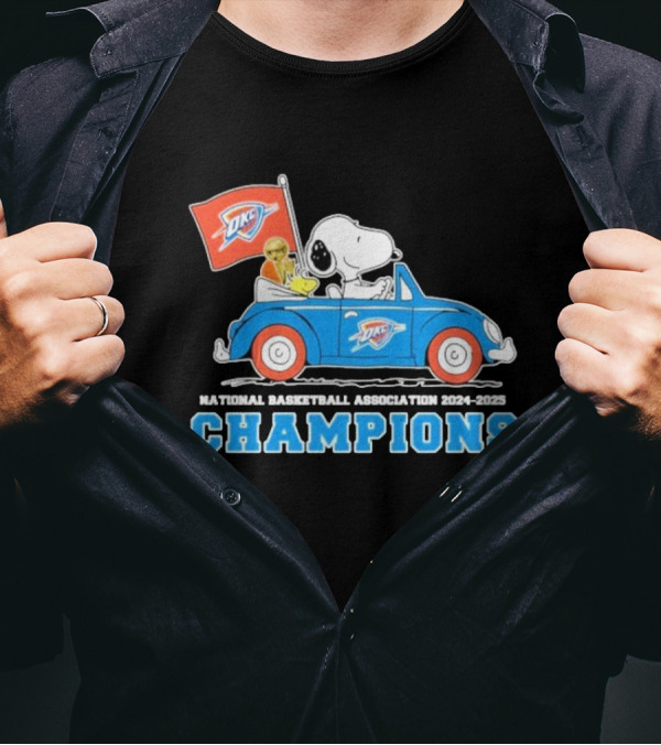 Snoopy Woodstock Peanuts Driving Car NBA Champions 2024 2025 OKC T-Shirt