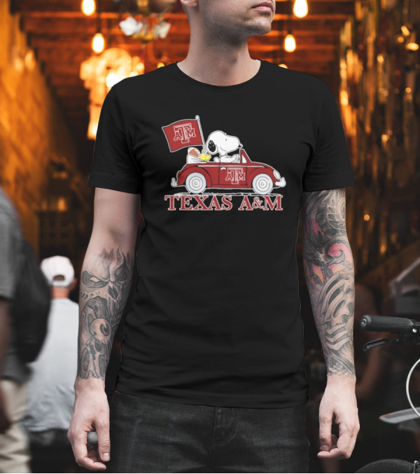 Snoopy Woodstock Driving Texas A&M Car Peanuts T-Shirt