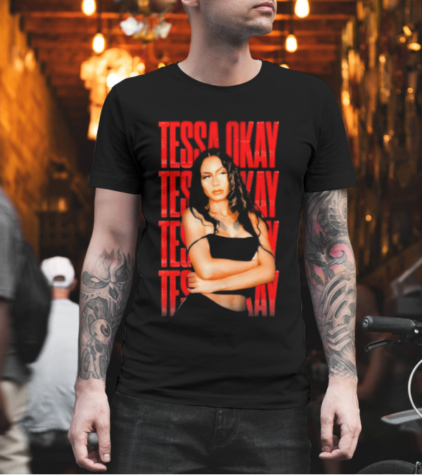 Tessa Okay Bold Red Typography With Crossed-Arms Portrait T-Shirt