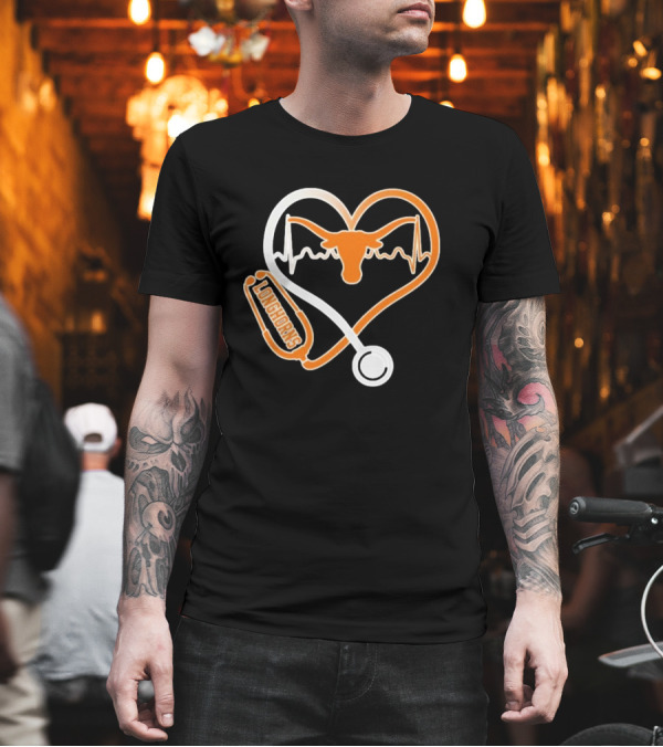 Texas Longhorns Caring Hearts Nurse Stethoscope Heartbeat T-Shirt