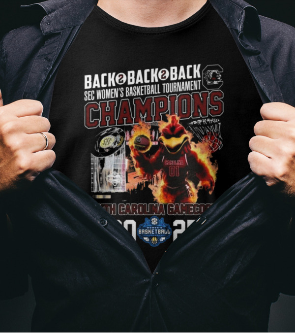 South Carolina Gamecocks 2025 Back To Back To Back SEC Women's Basketball Tournament Champions T-Shirt