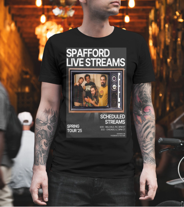 Spafford Live Streams Spring Tour 2025 Scheduled Streams 3/20 Millvale PA 8PM ET 3/22 Chicago IL 8PM CT Facebook YouTube T-Shirt