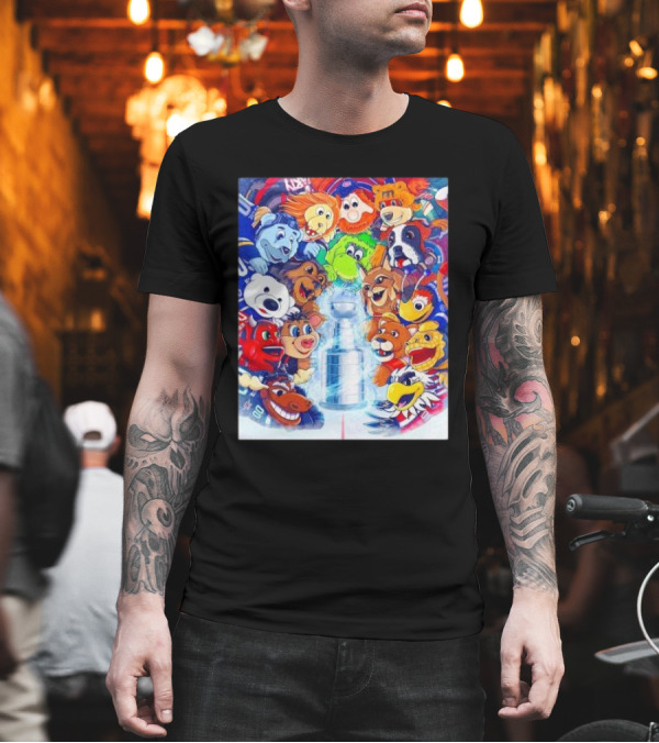Stanley Cup Playoffs 2025 Mascots With NHL Team Icons Featuring Iconic Trophy T-Shirt