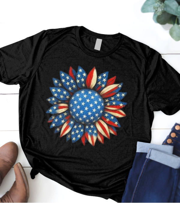Sunflower American Flag 4th Of July Women Men Merica USA Patriotic Flower T-Shirt