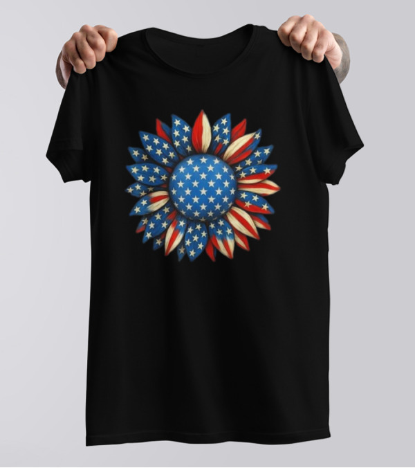 Sunflower American Flag 4th Of July Women Men Merica USA Patriotic Flower T-Shirt