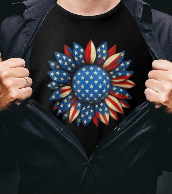 Sunflower American Flag 4th Of July Women Men Merica USA Patriotic Flower T-Shirt
