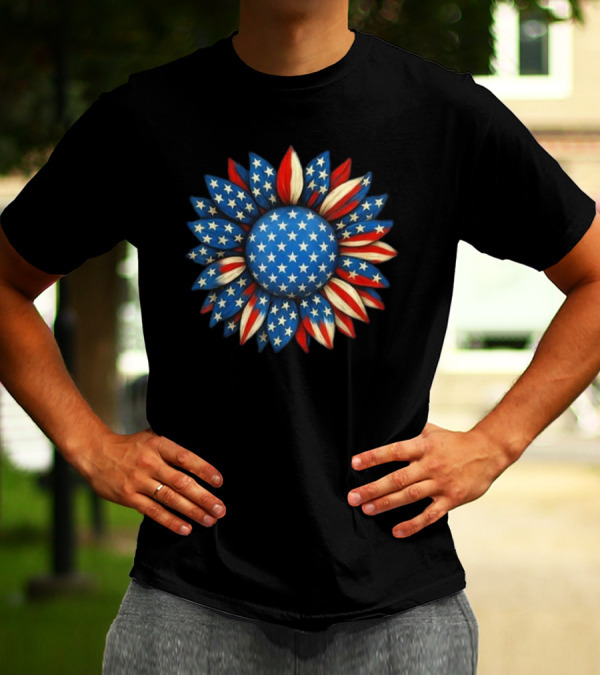 Sunflower American Flag 4th Of July Women Men Merica USA Patriotic Flower T-Shirt