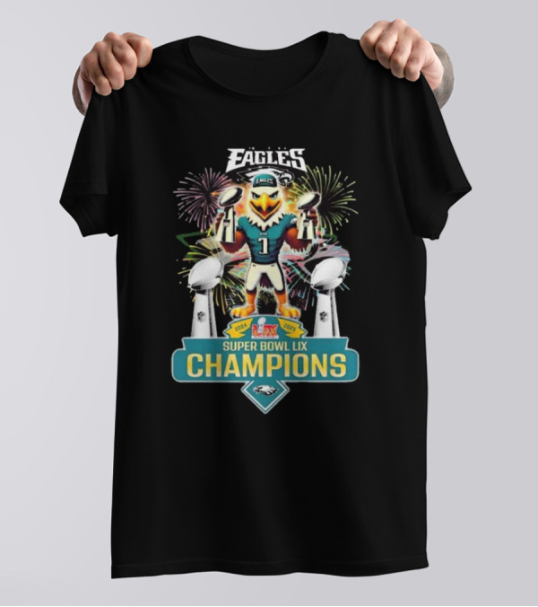 Super Bowl LIX Champions 2024 2025 Philadelphia Eagles Mascot Fireworks Celebration T-Shirt