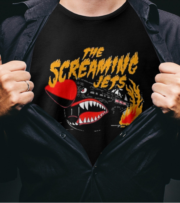 The Screaming Jets Flaming Jet With Fiery Cartoon Jet Fighter T-Shirt