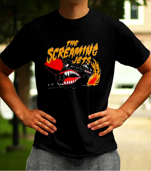 The Screaming Jets Flaming Jet With Fiery Cartoon Jet Fighter T-Shirt