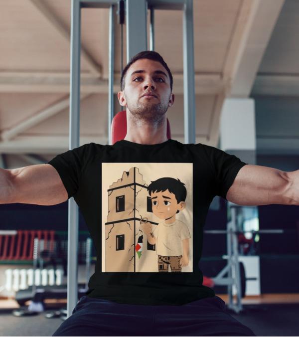 They Are Without Homes Boy Holding Key In Front Of Crumbling Building Palestinian Flag T-Shirt