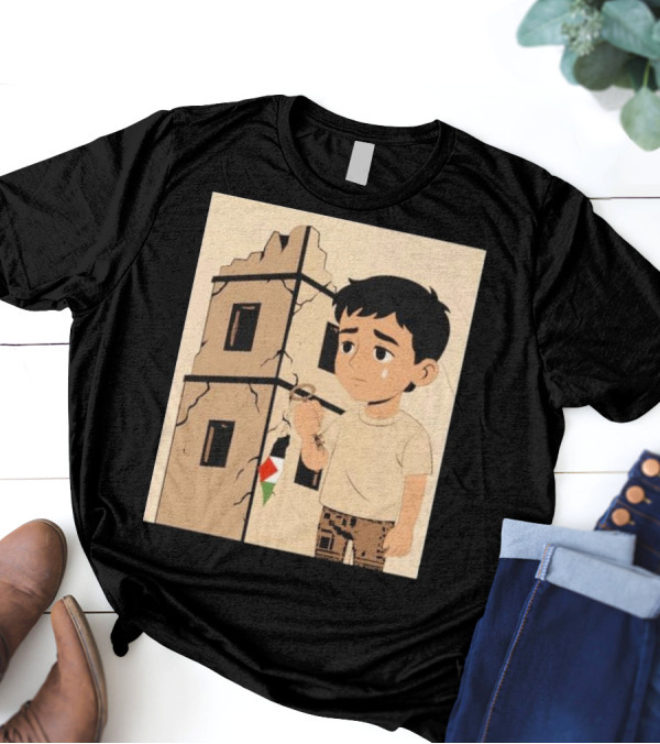 They Are Without Homes Boy Holding Key In Front Of Crumbling Building Palestinian Flag T-Shirt