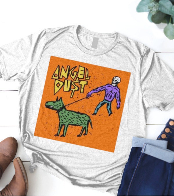 ANGEL DU$T Walking Skeleton With Green Dog Art T-Shirt