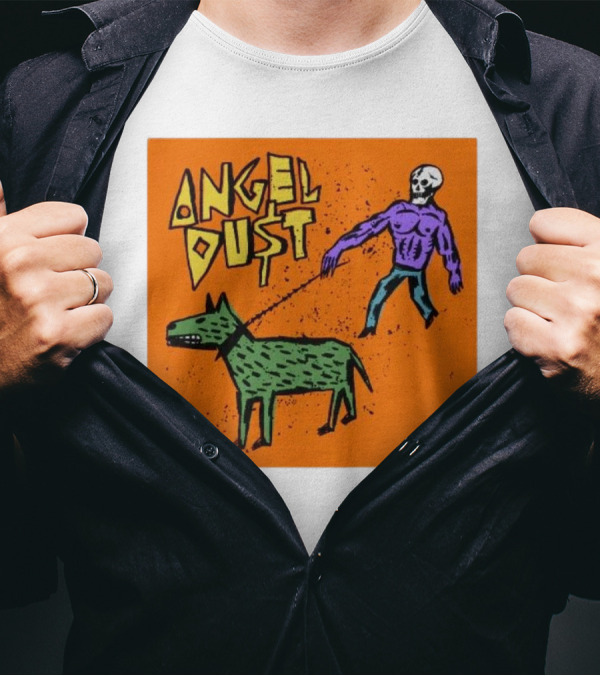 ANGEL DU$T Walking Skeleton With Green Dog Art T-Shirt
