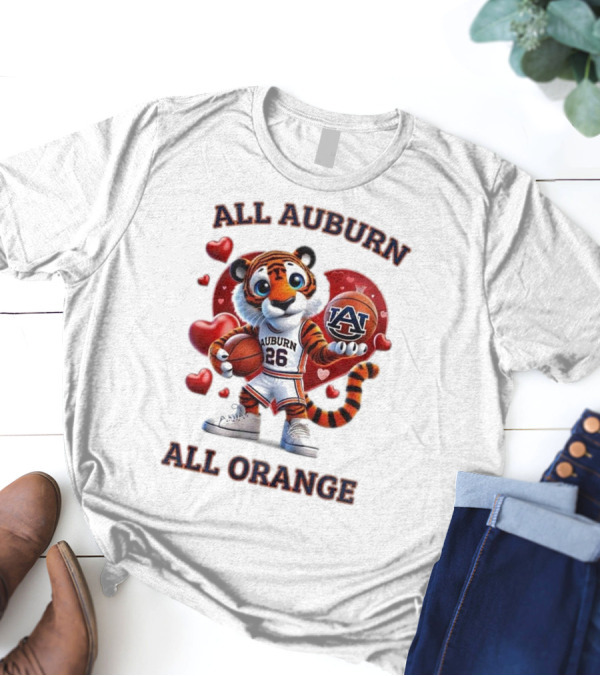 All Auburn All Orange Auburn Tigers Basketball Mascot Hearts T-Shirt