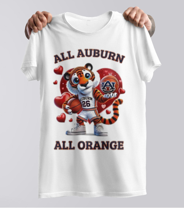 All Auburn All Orange Auburn Tigers Basketball Mascot Hearts T-Shirt