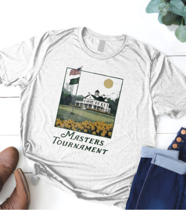 Masters Tournament Augusta 2025 Iconic Clubhouse American And Tournament Flags With Yellow Flowers T-Shirt