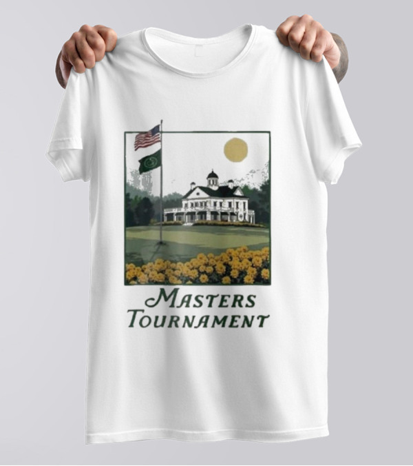 Masters Tournament Augusta 2025 Iconic Clubhouse American And Tournament Flags With Yellow Flowers T-Shirt