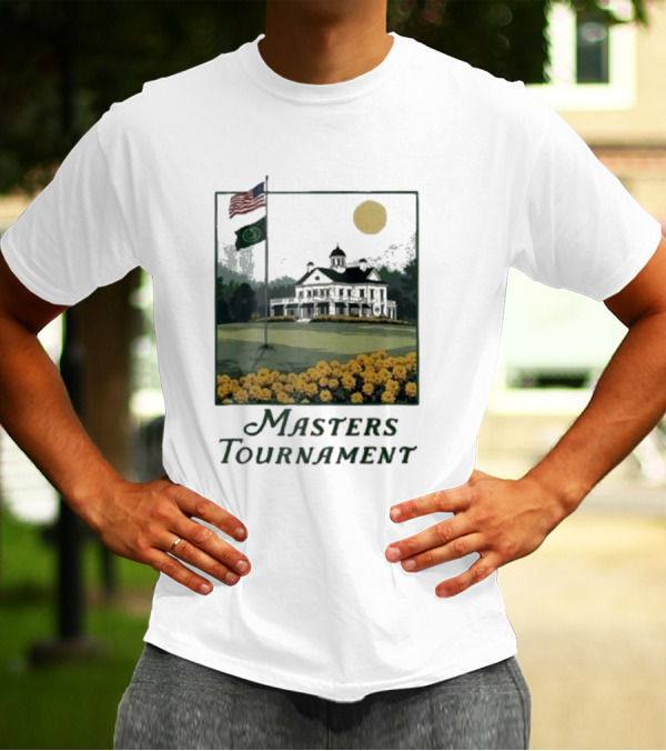 Masters Tournament Augusta 2025 Iconic Clubhouse American And Tournament Flags With Yellow Flowers T-Shirt