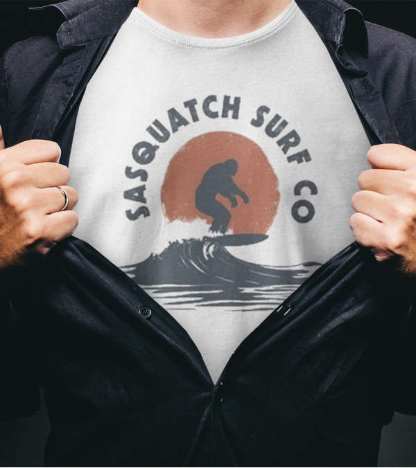 Sasquatch Surf Co Blurry Creatures Surfing Bigfoot Wave Sunset T-Shirt