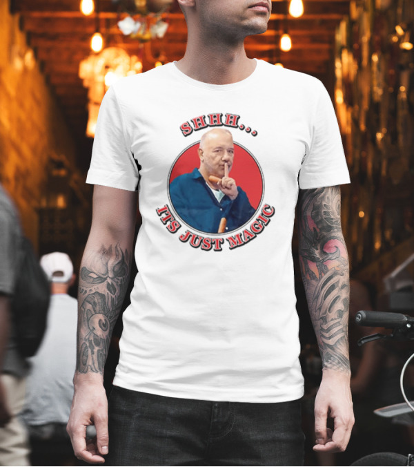Bob Mortimer Shhh It's Just Magic Finger Gesture Silence Humor T-Shirt