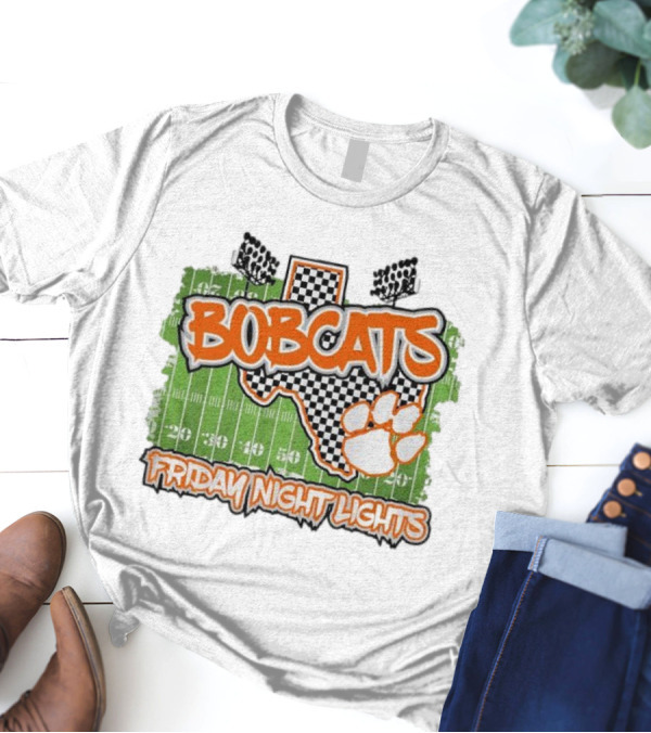 Bobcats Friday Night Lights Texas Football Paw Print Field Checkerboard T-Shirt