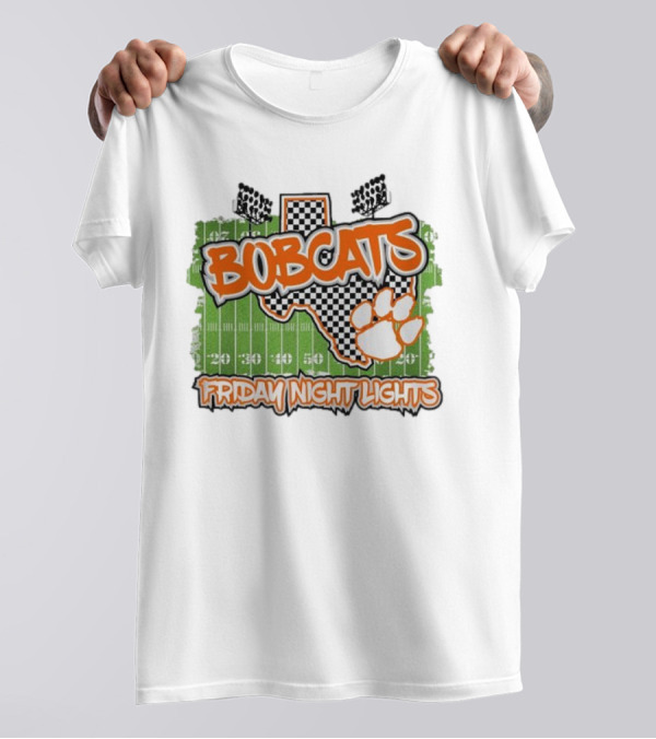 Bobcats Friday Night Lights Texas Football Paw Print Field Checkerboard T-Shirt