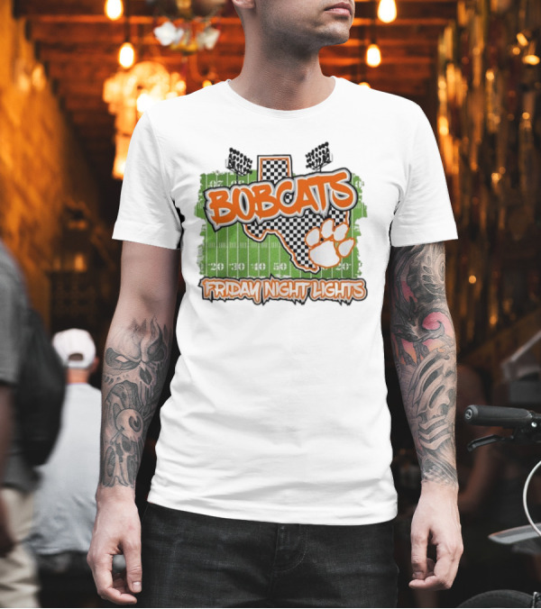 Bobcats Friday Night Lights Texas Football Paw Print Field Checkerboard T-Shirt