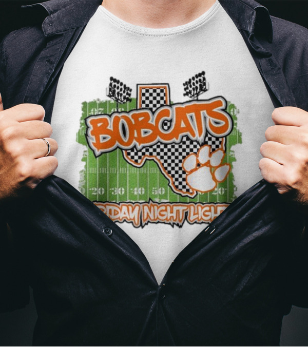 Bobcats Friday Night Lights Texas Football Paw Print Field Checkerboard T-Shirt