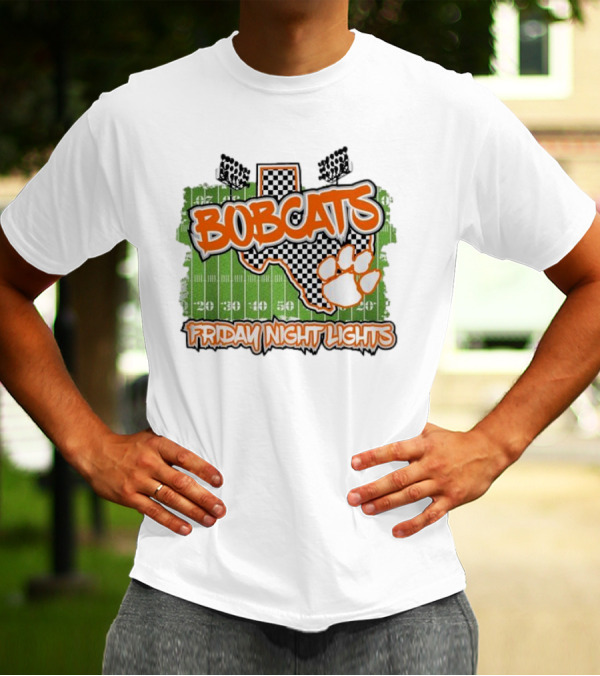 Bobcats Friday Night Lights Texas Football Paw Print Field Checkerboard T-Shirt