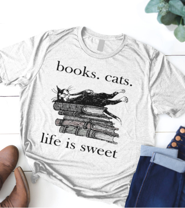 Books Cats Life Is Sweet Relaxing Cat On Stacked Books With Coffee Cup T-Shirt
