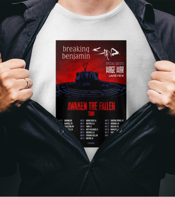 Breaking Benjamin Staind Awaken The Fallen Tour 2025 Special Guests Wage War Lakeview T-Shirt