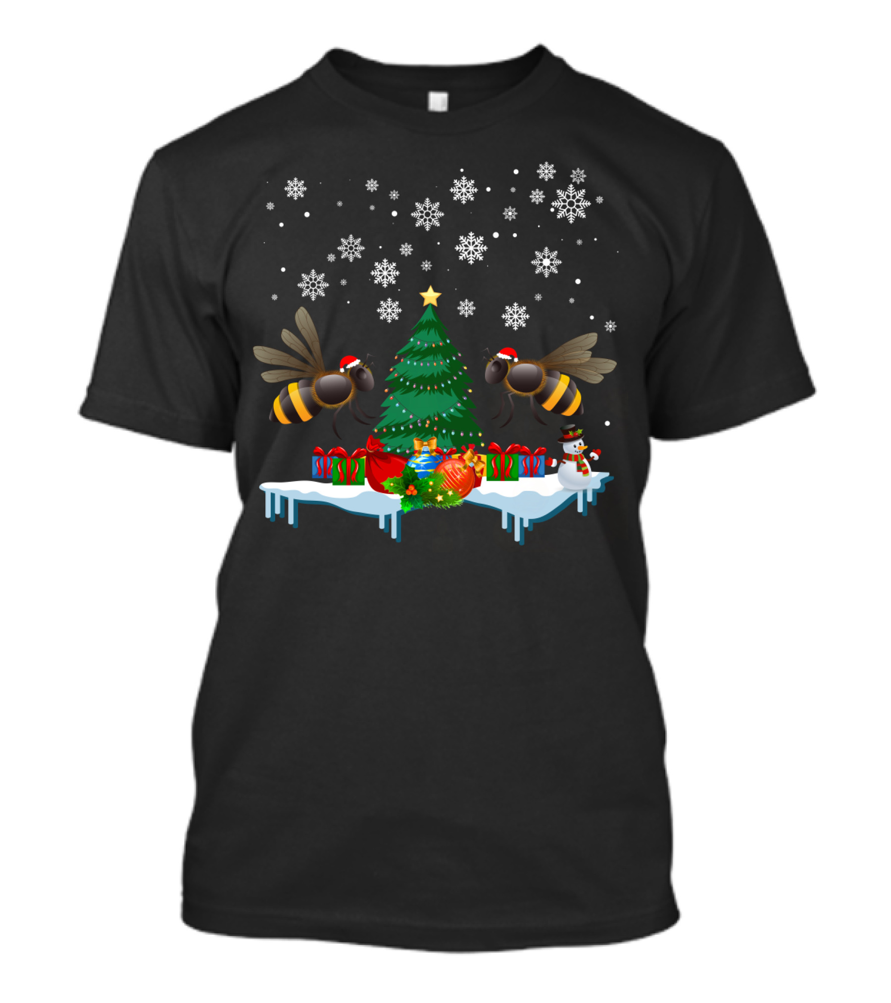 Bee Merry Christmas Tree Snowflakes Holiday Bees Santa Hats T-Shirt