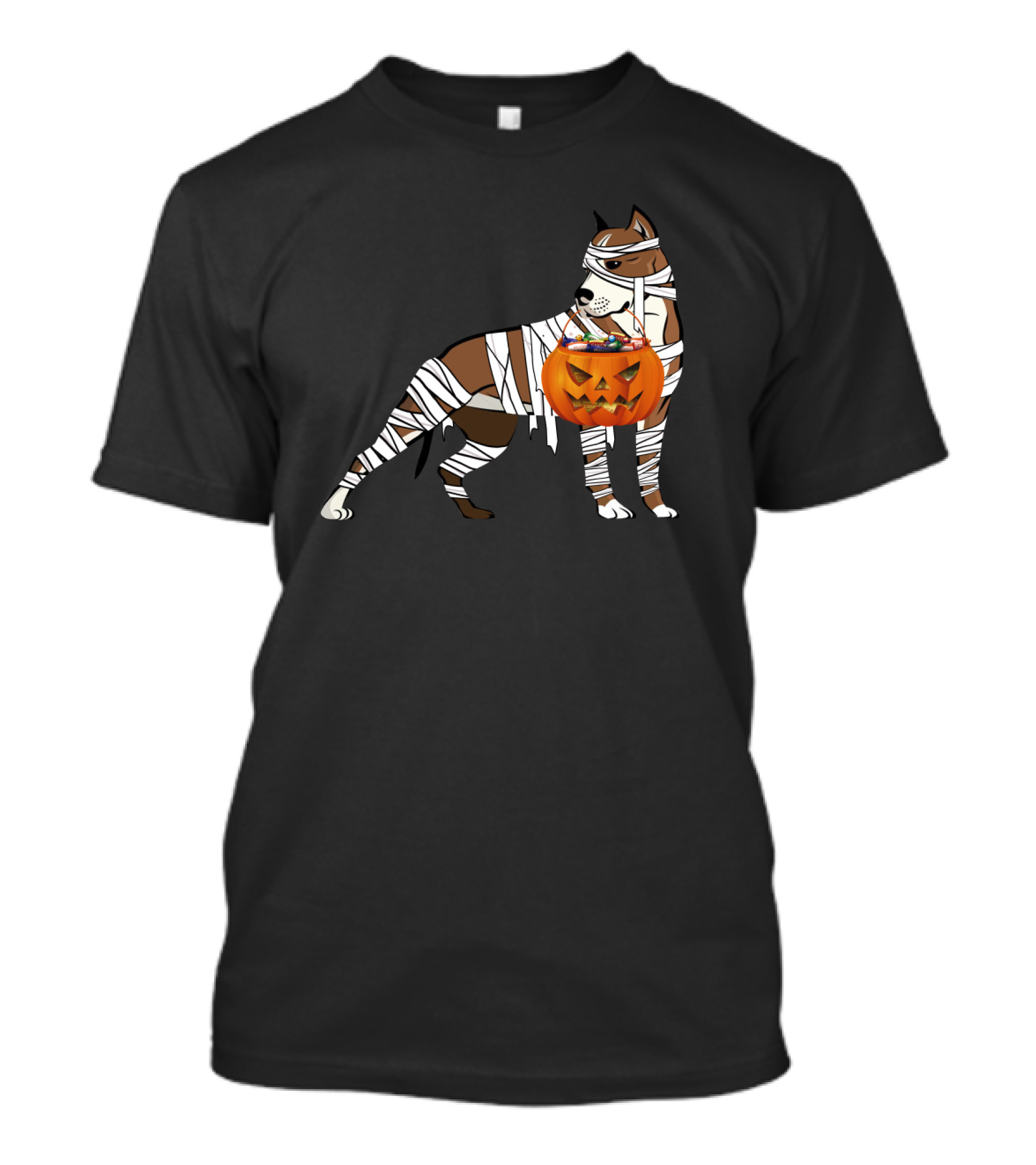 Halloween Mummy Wrapped Pitbull With Jack-O'-Lantern Pumpkin Basket T-Shirt