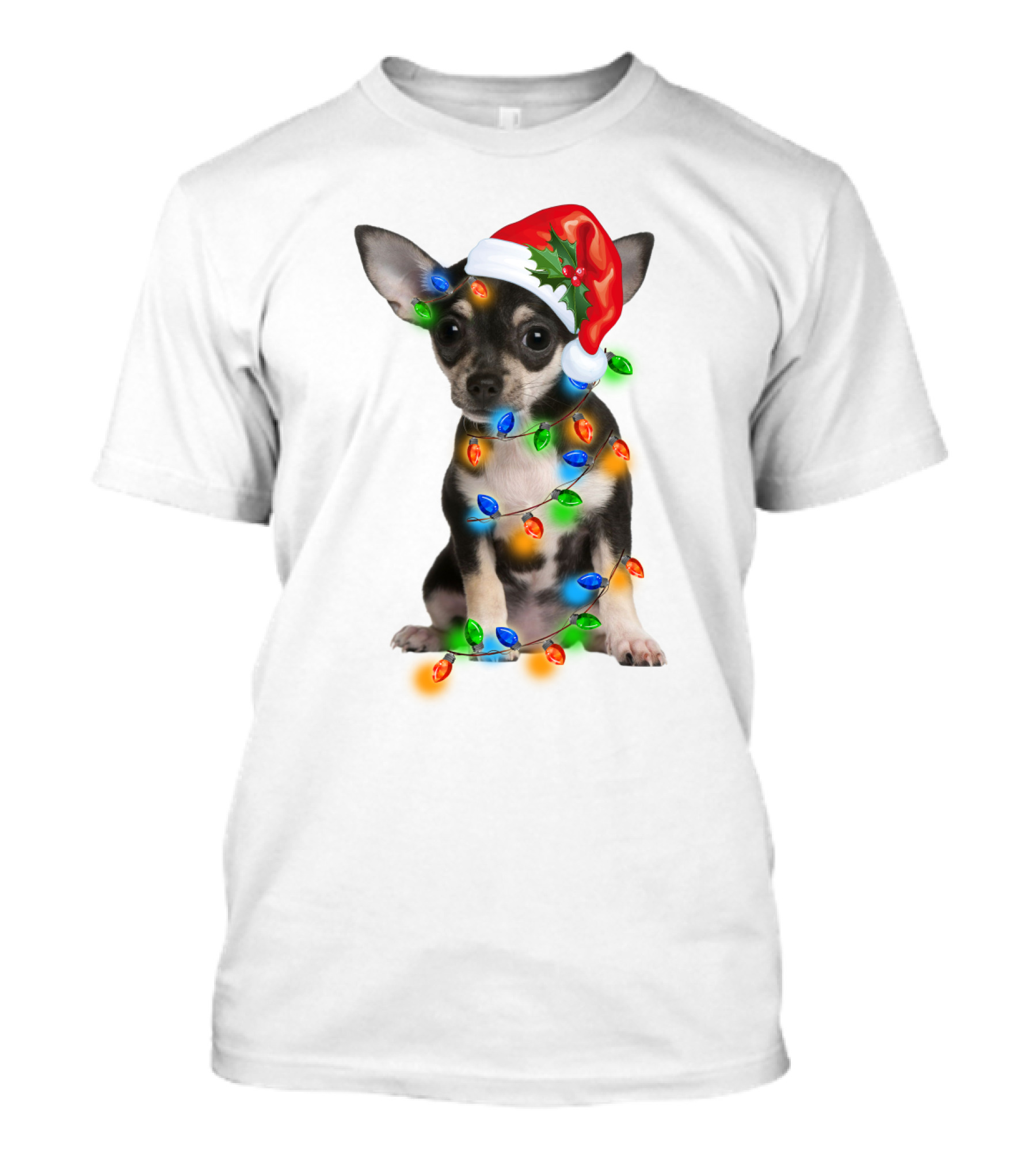 Black Chihuahua Wearing Santa Hat Wrapped In Colorful Christmas Lights T-Shirt