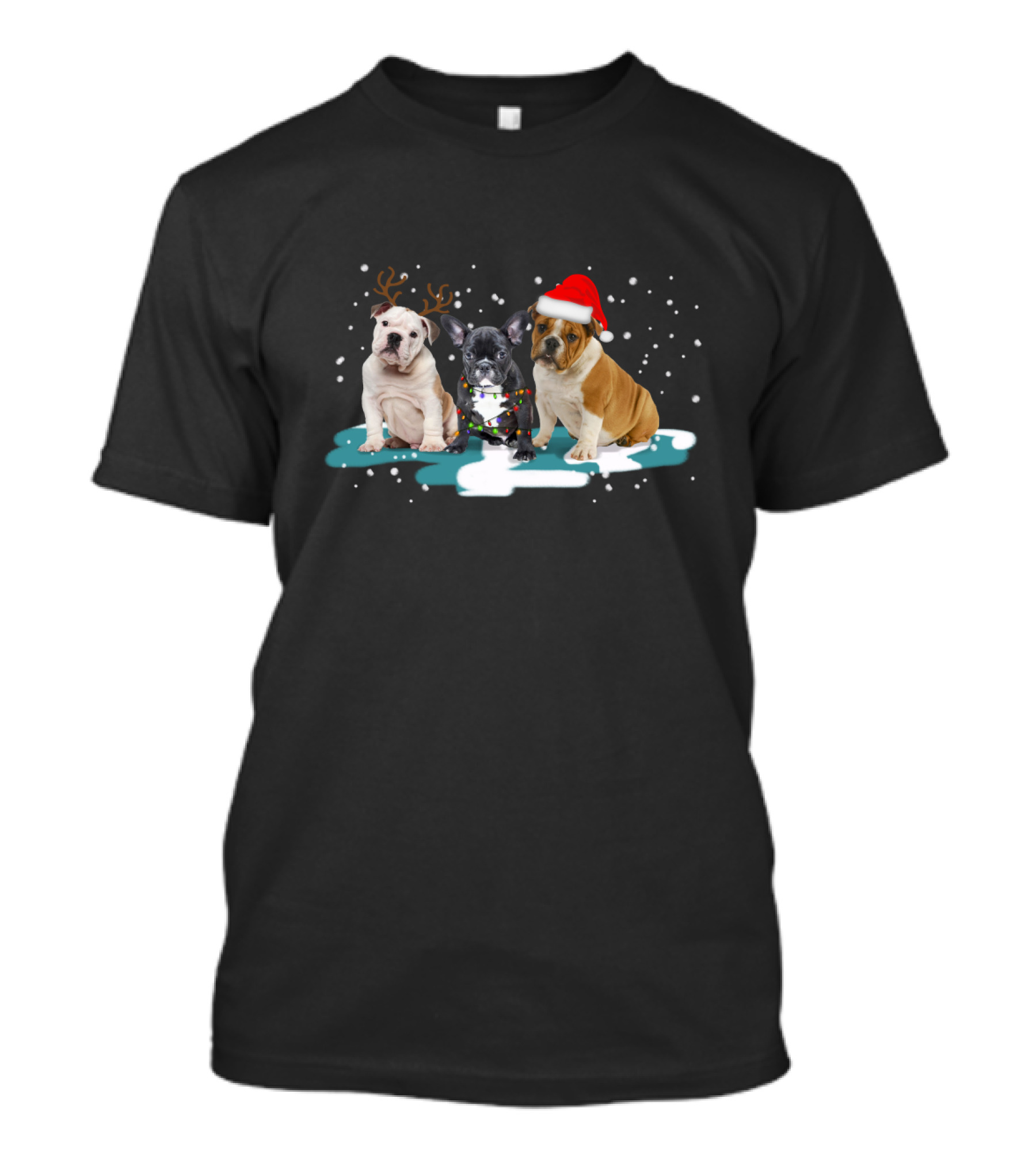Bulldog Christmas With Reindeer Antlers And Santa Hat For Dog Lovers T-Shirt