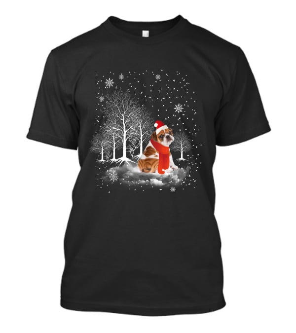 Bulldog In Snowy Forest With Santa Hat And Scarf Amidst Falling Snowflakes T-Shirt