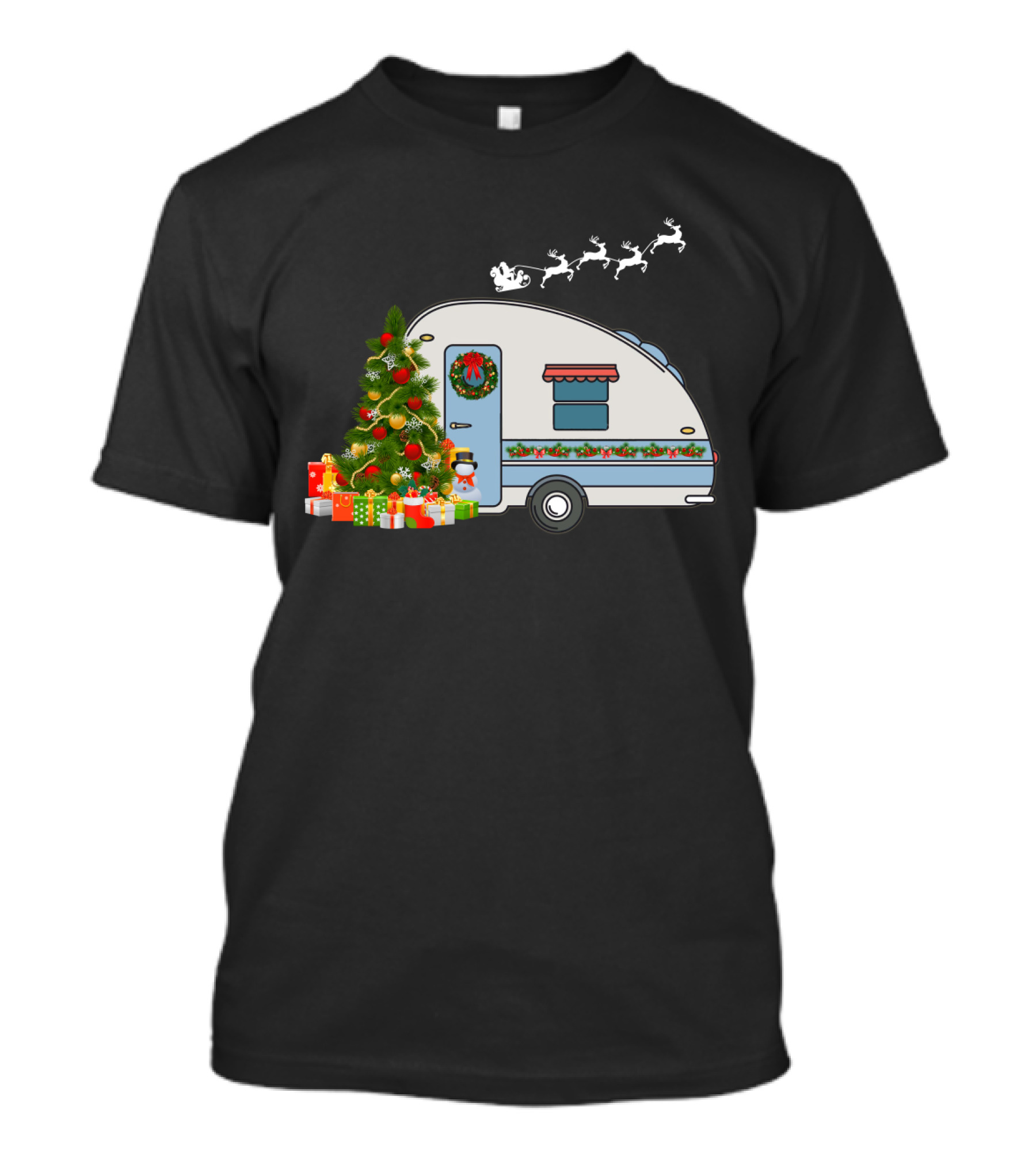 Camper Van With Christmas Tree, Snowman, Presents, And Santa Sleigh T-Shirt