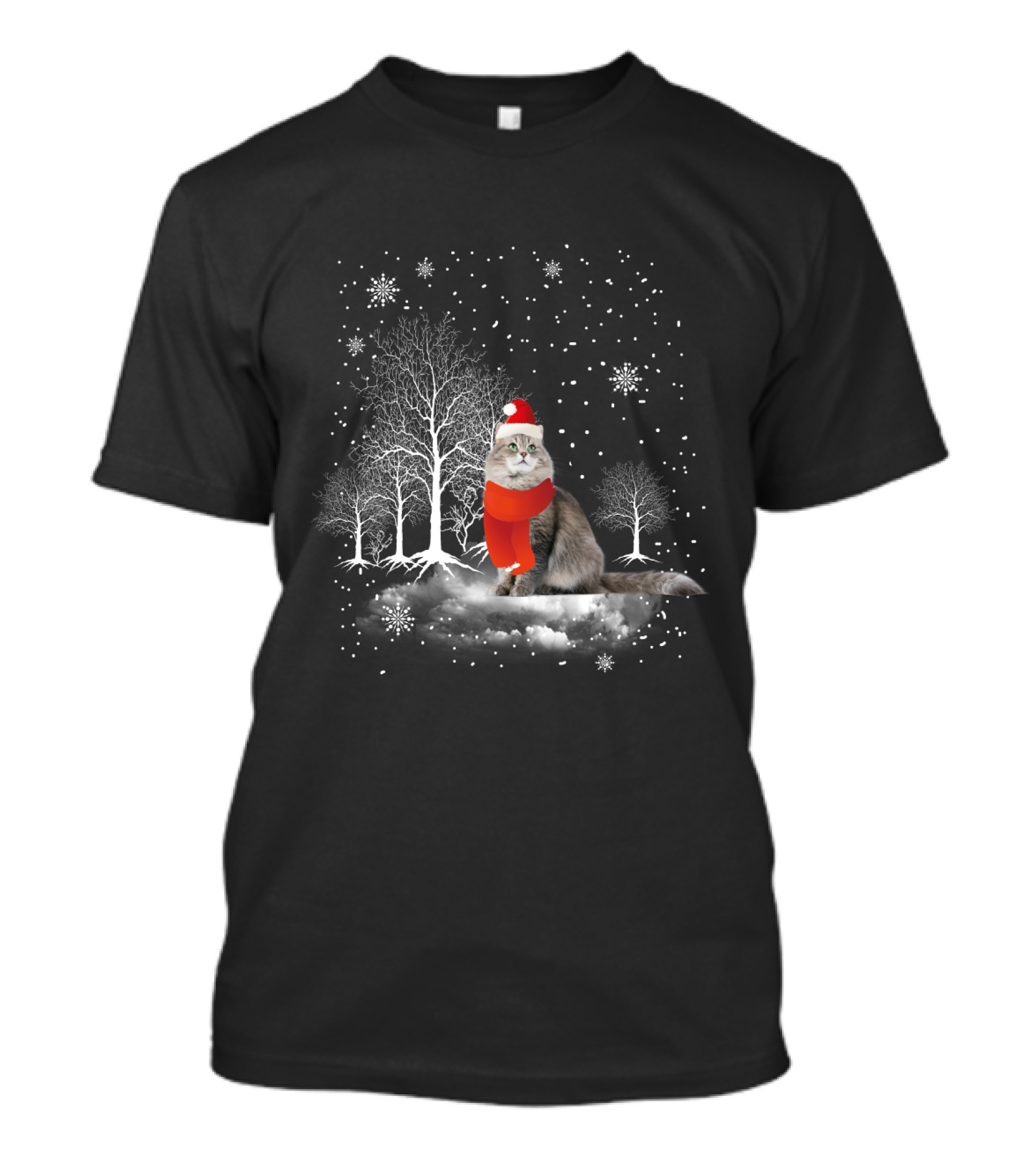 Cat In Snowy Winter Scene With Red Santa Hat And Scarf T-Shirt