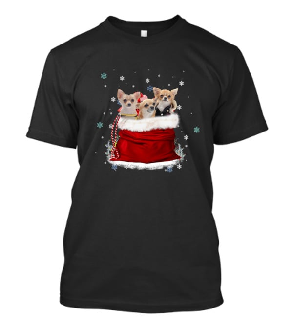 Chihuahua Christmas Trio In Festive Red Santa Bag With Snowflakes T-Shirt