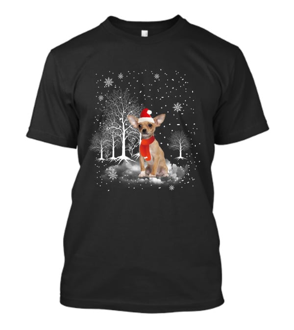 Chihuahua In Santa Hat With Snowflakes And Trees In Winter Wonderland T-Shirt